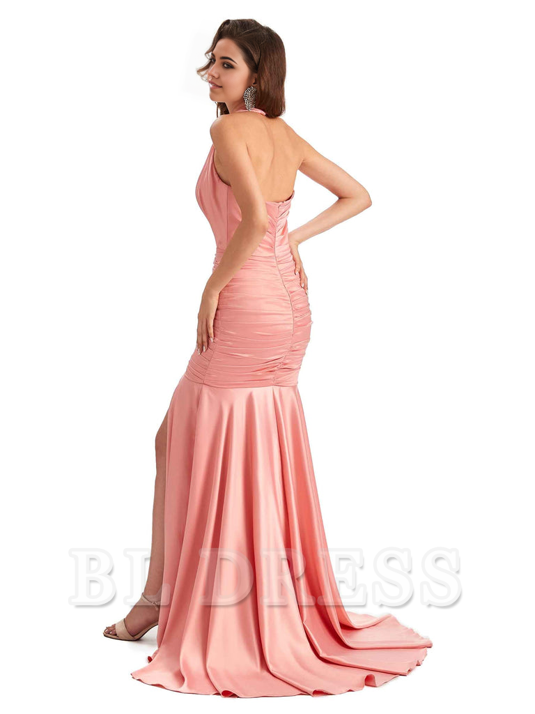 Mermaid Halter V-neck Satin formal dresses evening gown Bridesmaid Dresses With Side Slit
