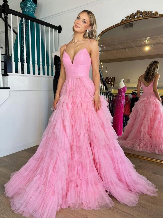 2024 Unique Spaghetti Straps Tulle Prom Dresses with Ruffle Skirt