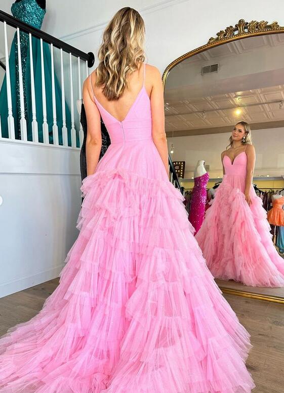 2024 Unique Spaghetti Straps Tulle Prom Dresses with Ruffle Skirt