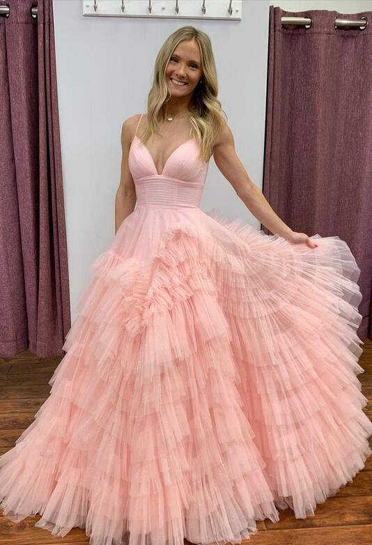 2024 Unique Spaghetti Straps Tulle Prom Dresses with Ruffle Skirt