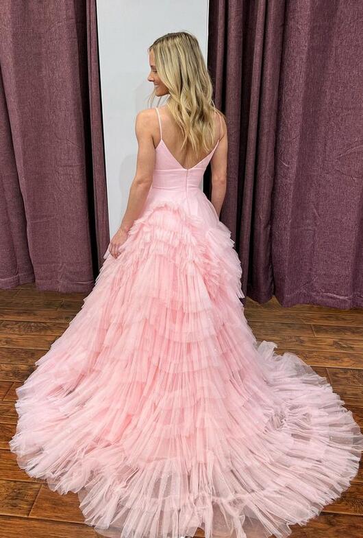 2024 Unique Spaghetti Straps Tulle Prom Dresses with Ruffle Skirt