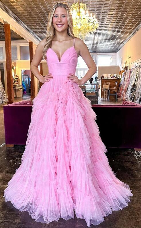 2024 Unique Spaghetti Straps Tulle Prom Dresses with Ruffle Skirt