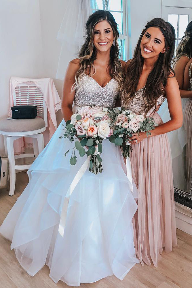 Pink Long Bridesmaid Dress with Silver Sequins Top