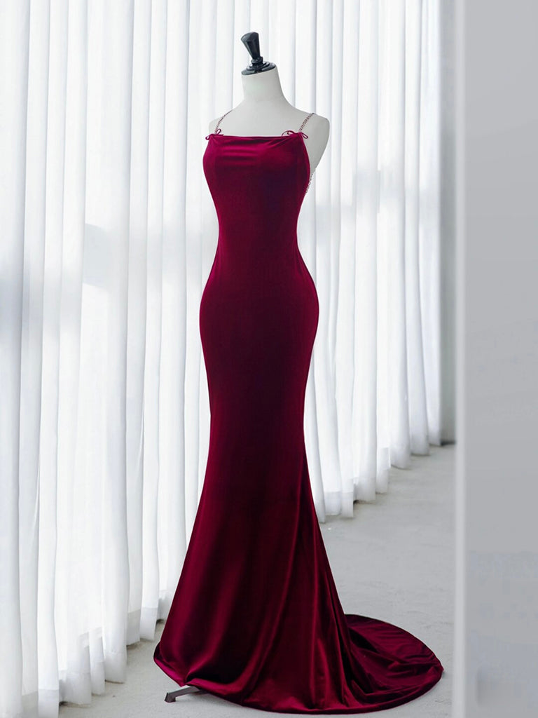 Mermaid Backless Velvet Burgundy Long Prom Dress with Beads