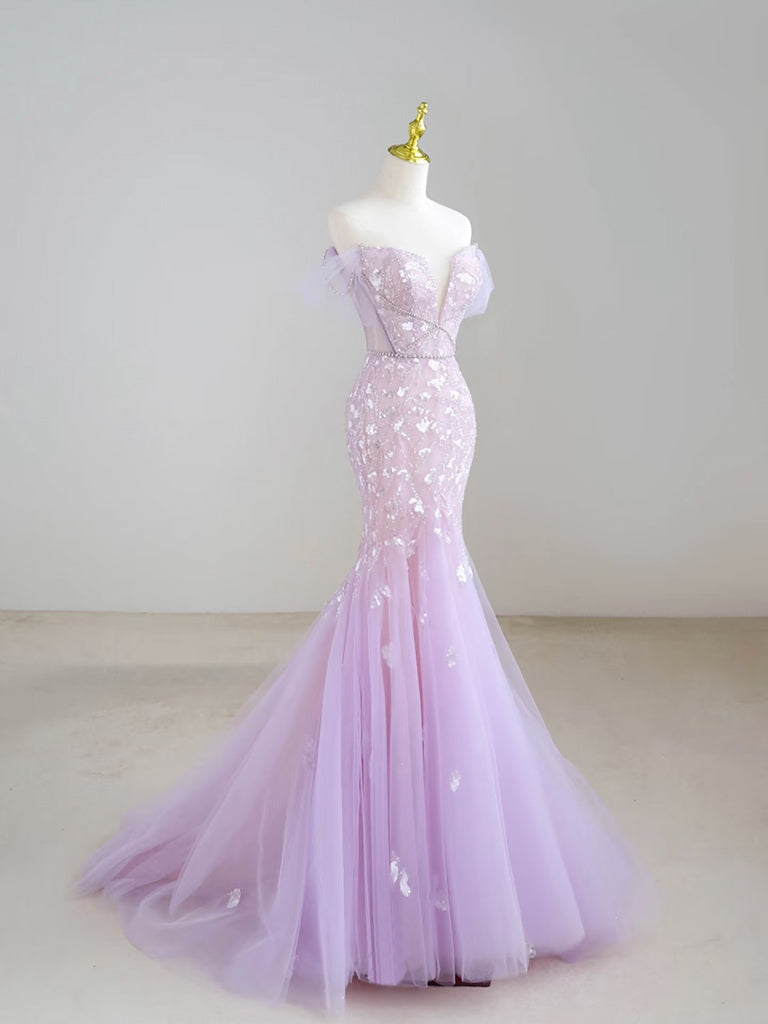 Mermaid V neck Tulle Sequin Purple Long Prom Dress, Purple Long Formal Dress