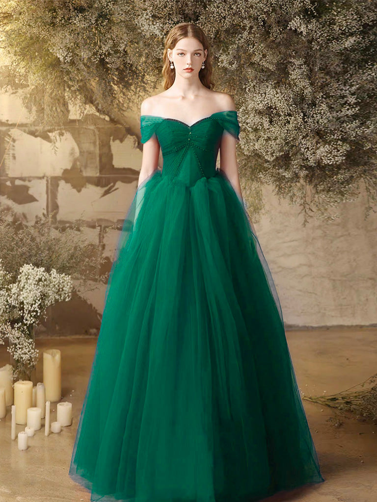 Burgundy Off Shoulder Tulle Long Prom Dress, Burgundy Long Formal Dress