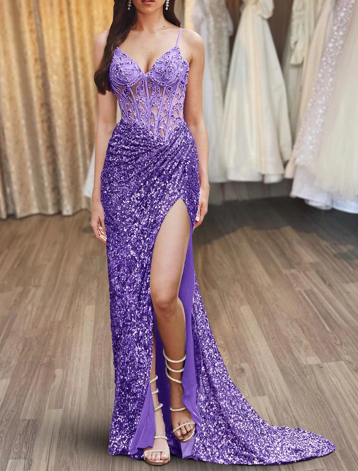 Aimishang Mermaid / Trumpet Prom Dresses Dresses Gowns Evening Dresses Formal Wedding Guest Floor Length Sleeveless Spaghetti Strap Sequined with Slit Appliques