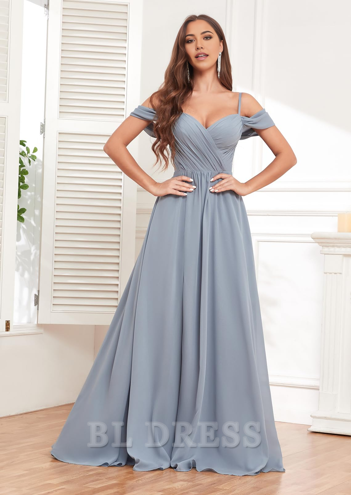 A-line Off Shoulder Ruched Chiffon formal dresses Bridesmaid Dresses evening gown Prom Dress with Pockets Slit