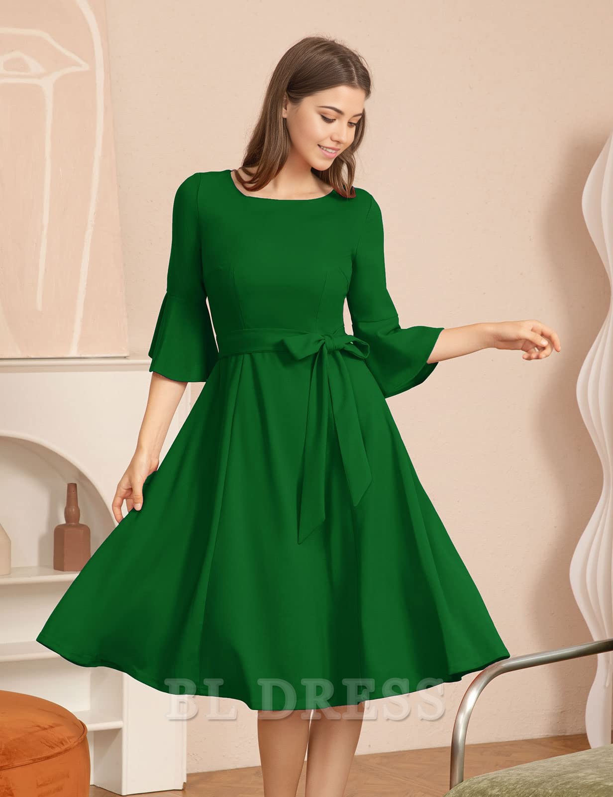 A-line Crew Neck Elegant Bell Sleeve formal dresses Bridesmaid Dresses evening gown Prom Dress