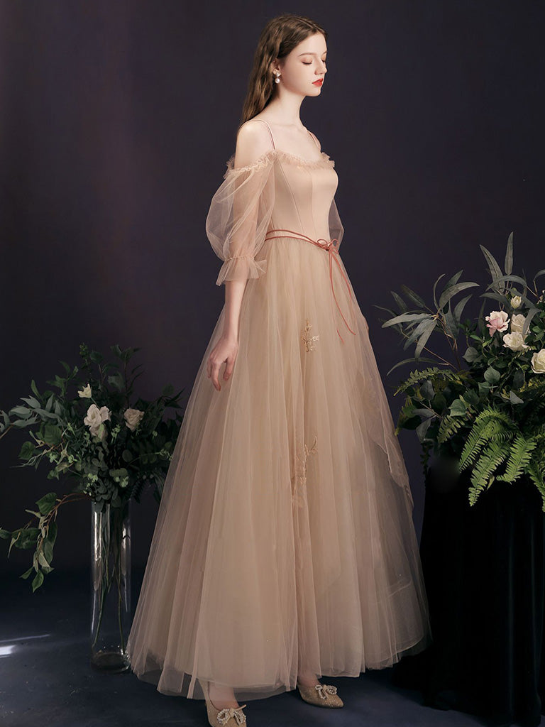 Champagne Tulle A-Line Long Prom Dress, Champagne Formal Dress