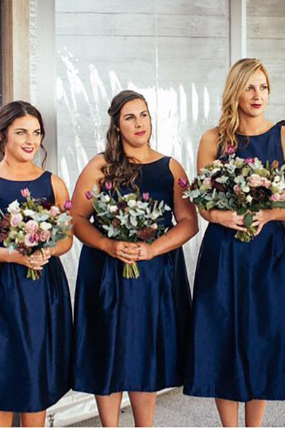 Navy Blue Tea Length Bridesmaid Dress