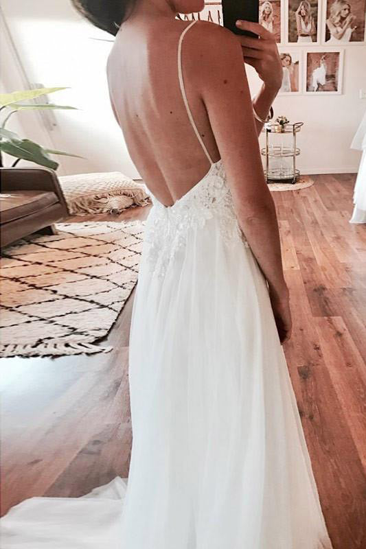 Long Spaghetti Strap A-line V-Neck White Wedding Dress with Lace