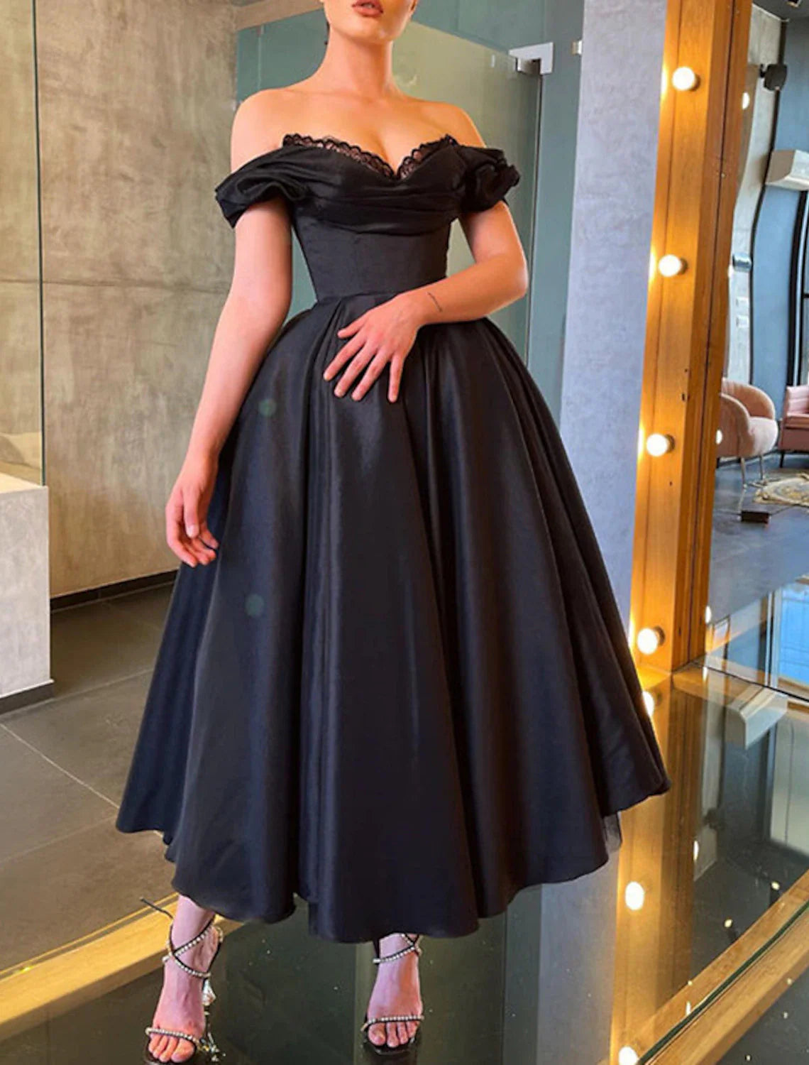 Aimishang A-Line Prom Dresses Elegant Dress Masquerade Formal Dresses Wedding Party Tea Length Short Sleeve Off Shoulder Fall Wedding Guest Satin