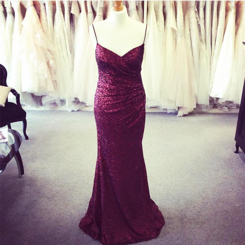 Long Burgundy Sequins V Neck Mermaid Bridesmaid Dresses