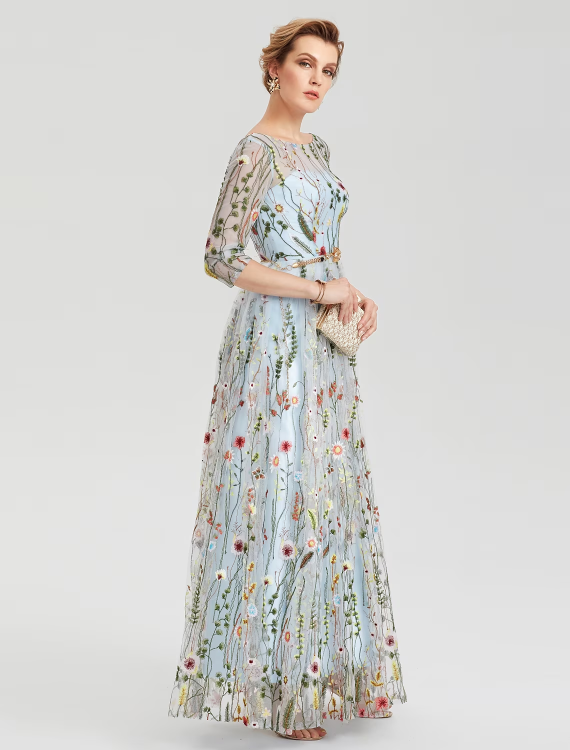 A-Line Empire Dress Party Wear Floor Length Sleeve Illusion Neck Lace with Embroidery