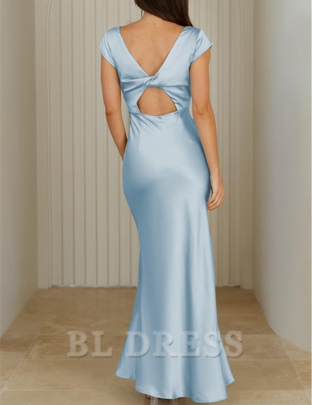 Mermaid Elegant V Neck Cap Sleeve Satin Backless formal dresses Bridesmaid Dresses evening gown Prom Dress