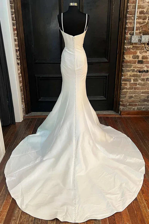 Aimishang Elegant Mermaid White Spaghetti Straps Long Lace Wedding Dress