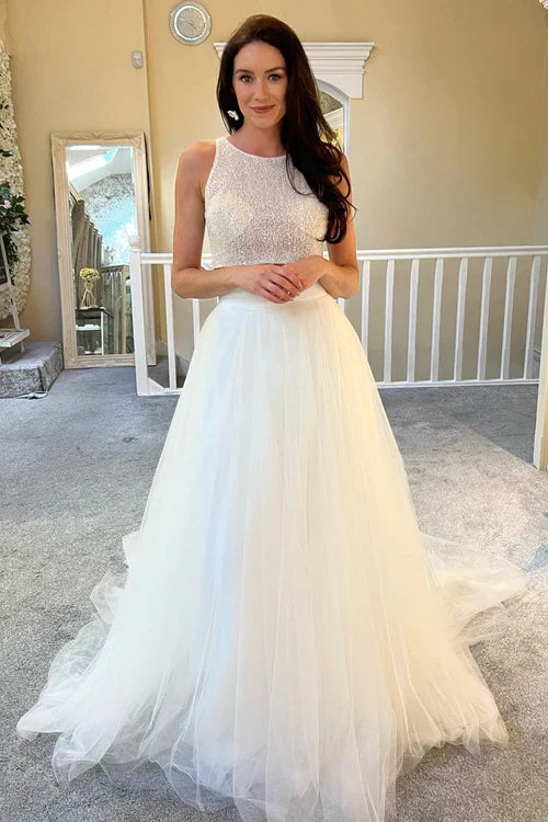 Aimishang Elegant A-Line Two-Piece White Beaded A-Line Long Wedding Dress