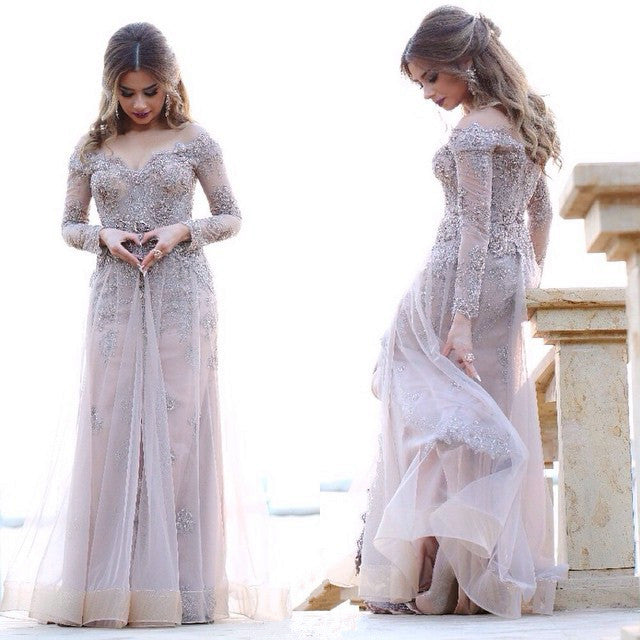 Gray Lace Appliques Long Sleeves Mermaid Off Shoulder Evening Dress With Split