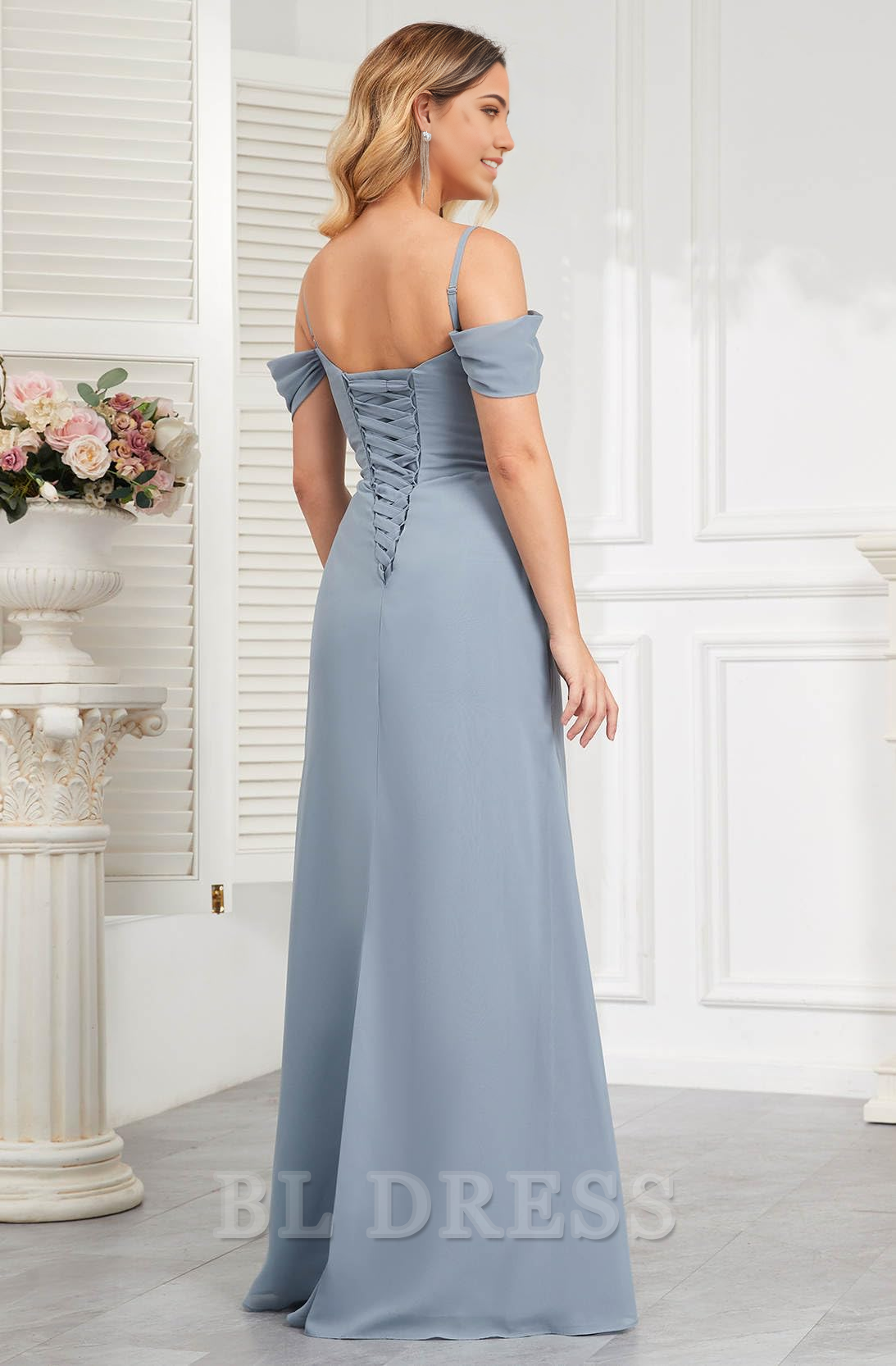 A-line Off The Shoulder Pleated Chiffon Long formal dresses Bridesmaid Dresses evening gown Prom Dress with Slit