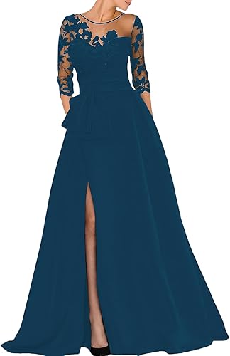 Aimishang A-Line Elegant Wedding Guest Dress Court Train Jewel Neck 3/4 Sleeve Evening Dress with Beading Slit Appliques Fall Wedding Guest Dress November