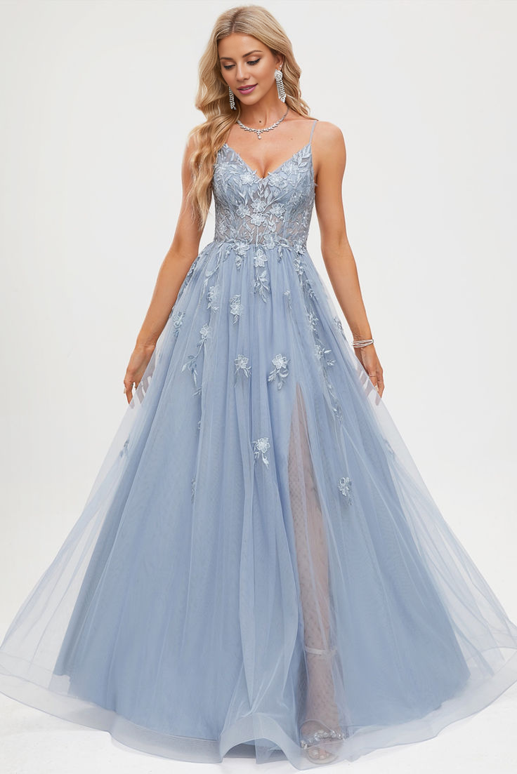 A-line V-neck thin shoulder strap and floor chiffon evening gown