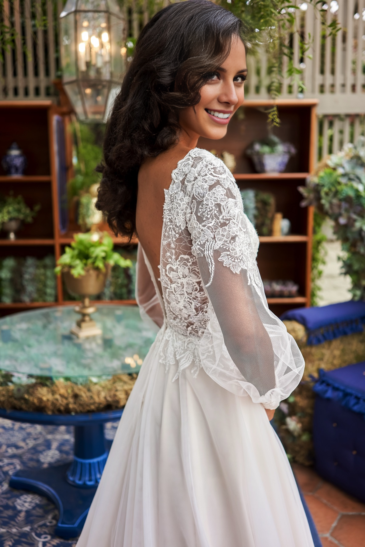 A-line V-neck embroidered lace chiffon and floor length wedding dress