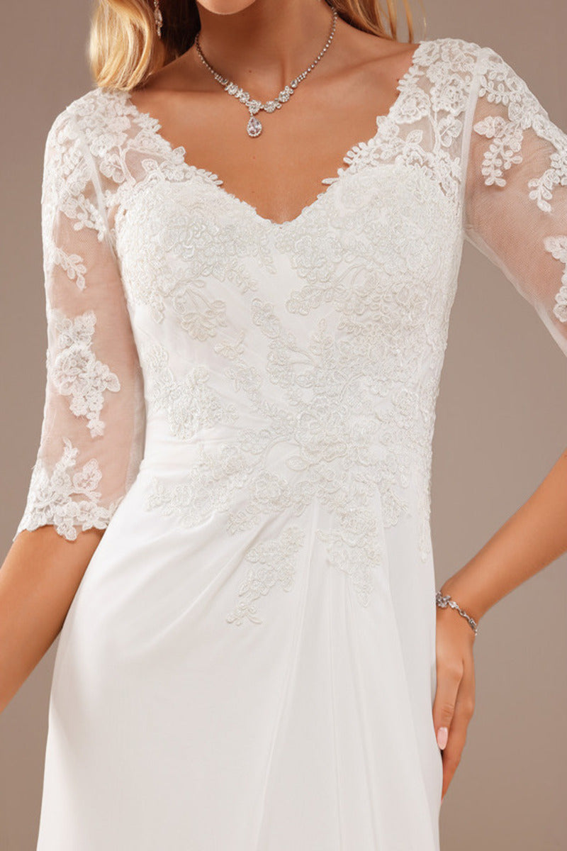 Lotus leaf edge A-line V-neck asymmetrical half sleeved lace chiffon wedding dress