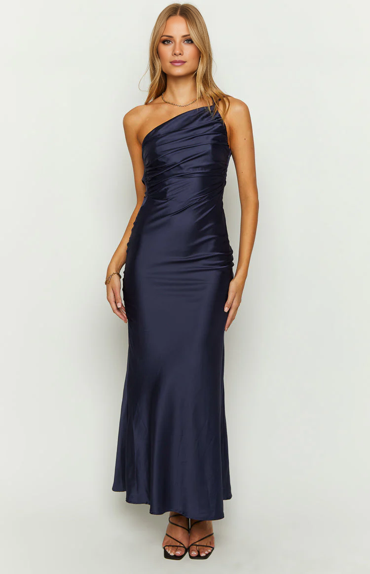 Jimiss asymmetrical neckline backless satin side slit long Prom dress