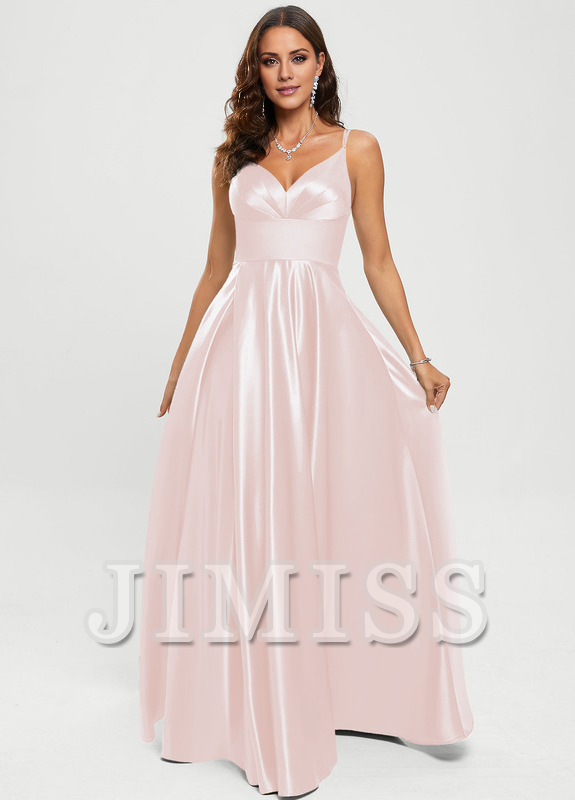 A-line V-neck floor-length satin prom dress