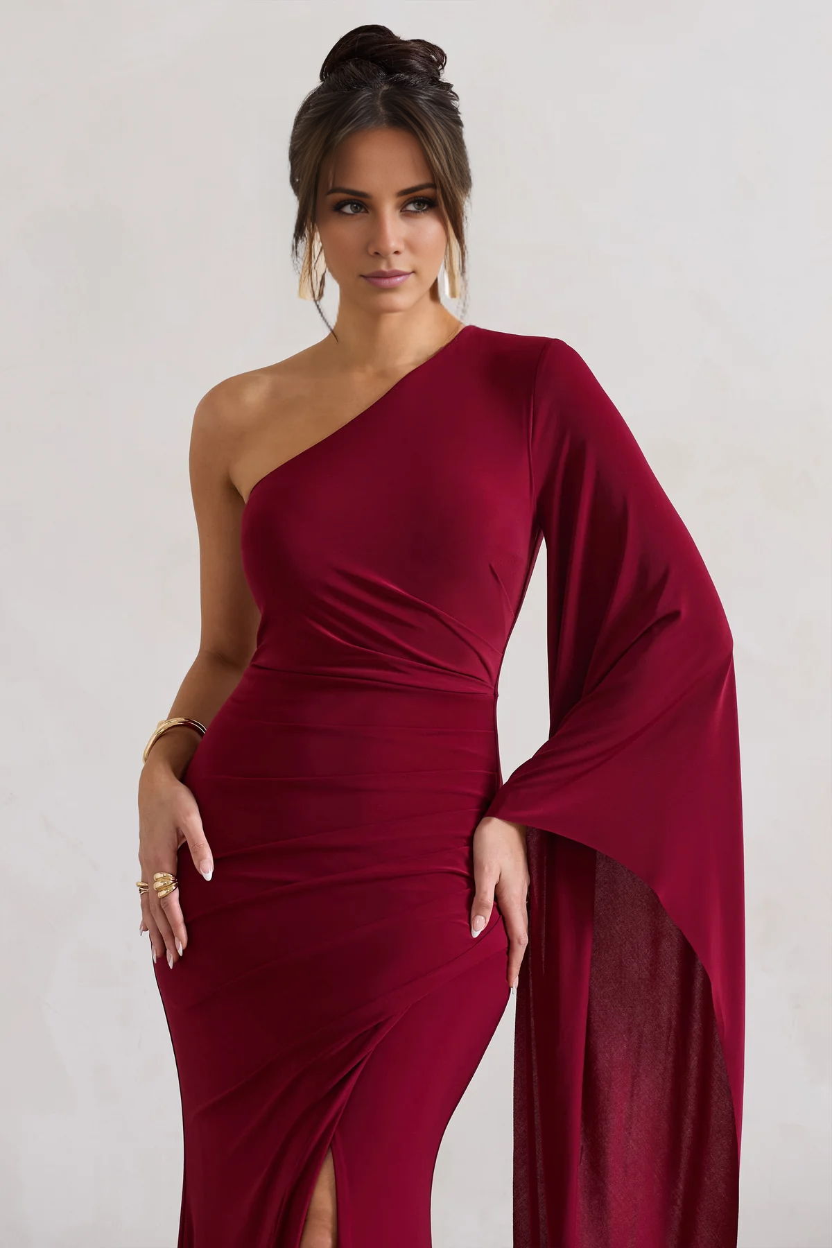 Ruffled One Shoulder Cloak Sleeve and Floor length Evening Dress - Jimiss Dress