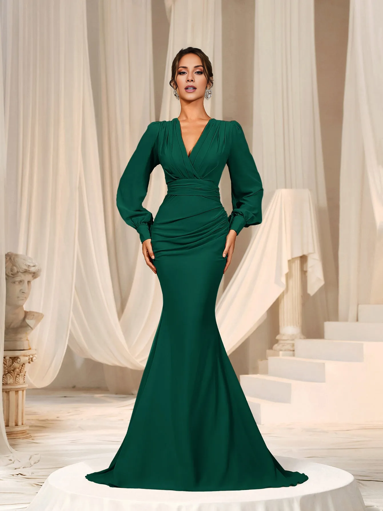 Mermaid layered collar lantern sleeves chiffon and floor length formal dress