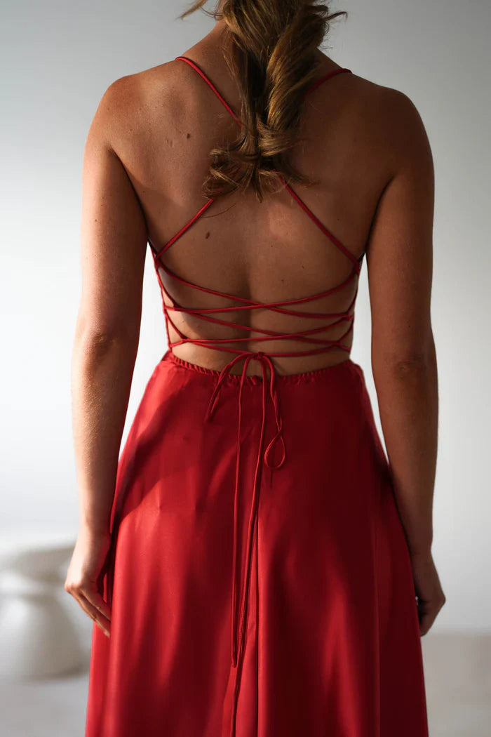 Thin shoulder strap square collar exposed back side slit and floor length Prom Dress - Jimiss Dress