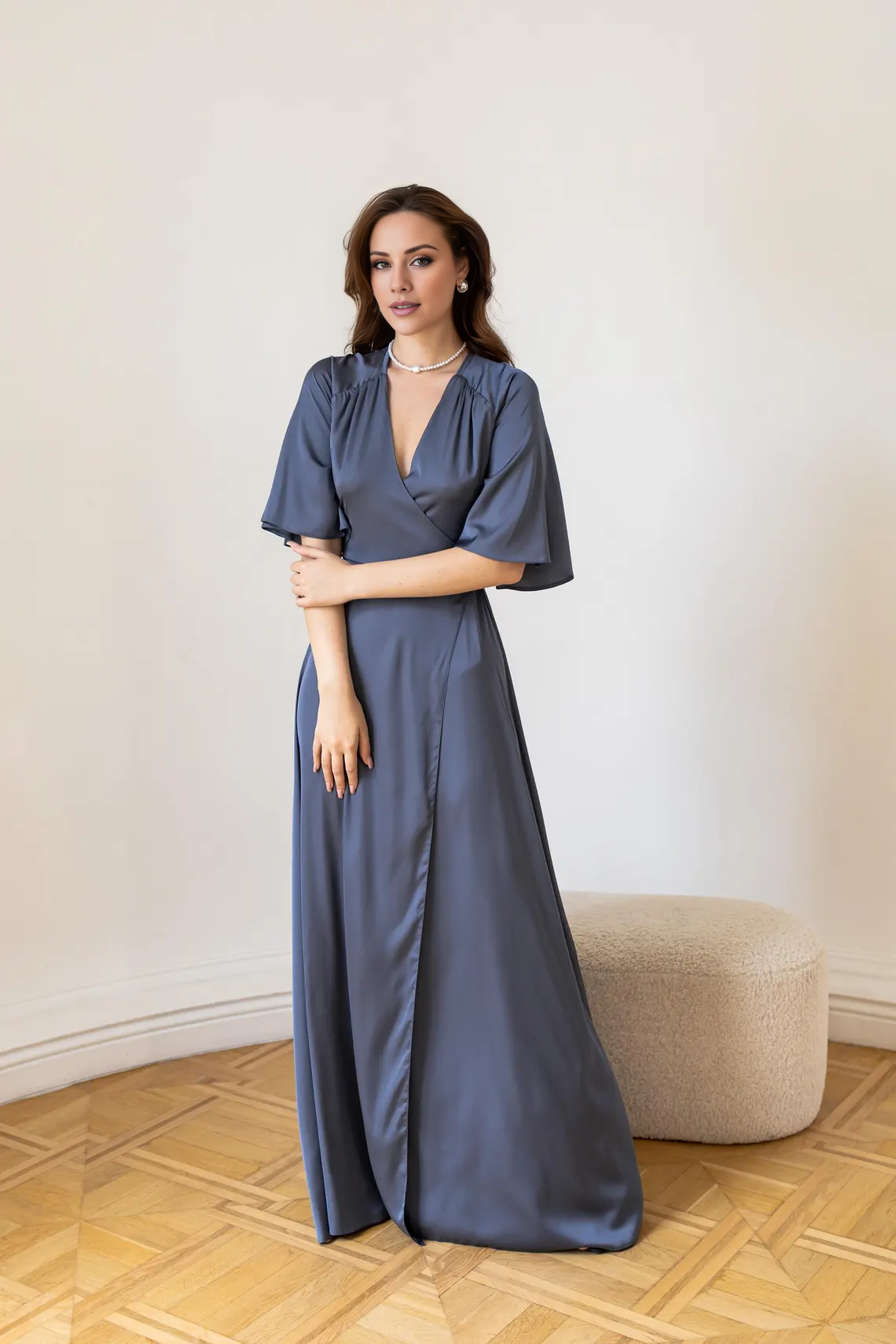 Jimiss deep V-neck short sleeved satin slit and floor length Prom dress