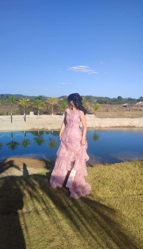 Aimishang Sweet Pink Strapls Lace Tiered Long Prom Dress Evening Gown Charming Wholesale