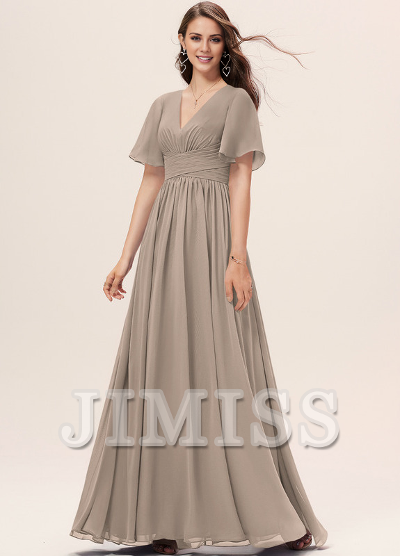 Ruffled A-line V-neck Floor-length Chiffon Bridesmaids Dress