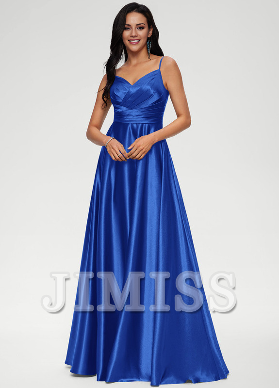 A-line V-neck floor-length satin prom dress