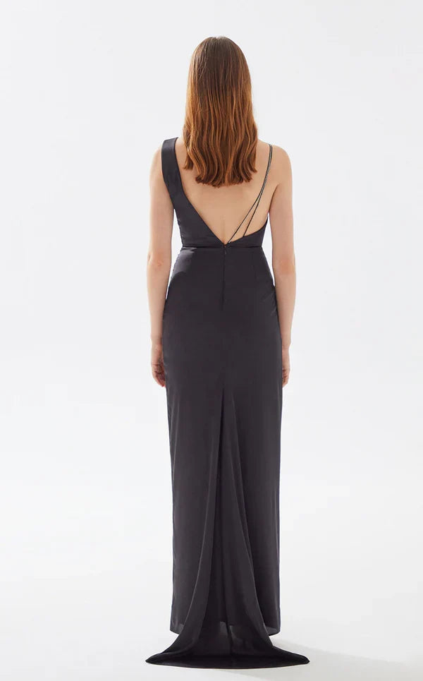 V-neck asymmetrical shoulder strap wrap and floor length evening dress