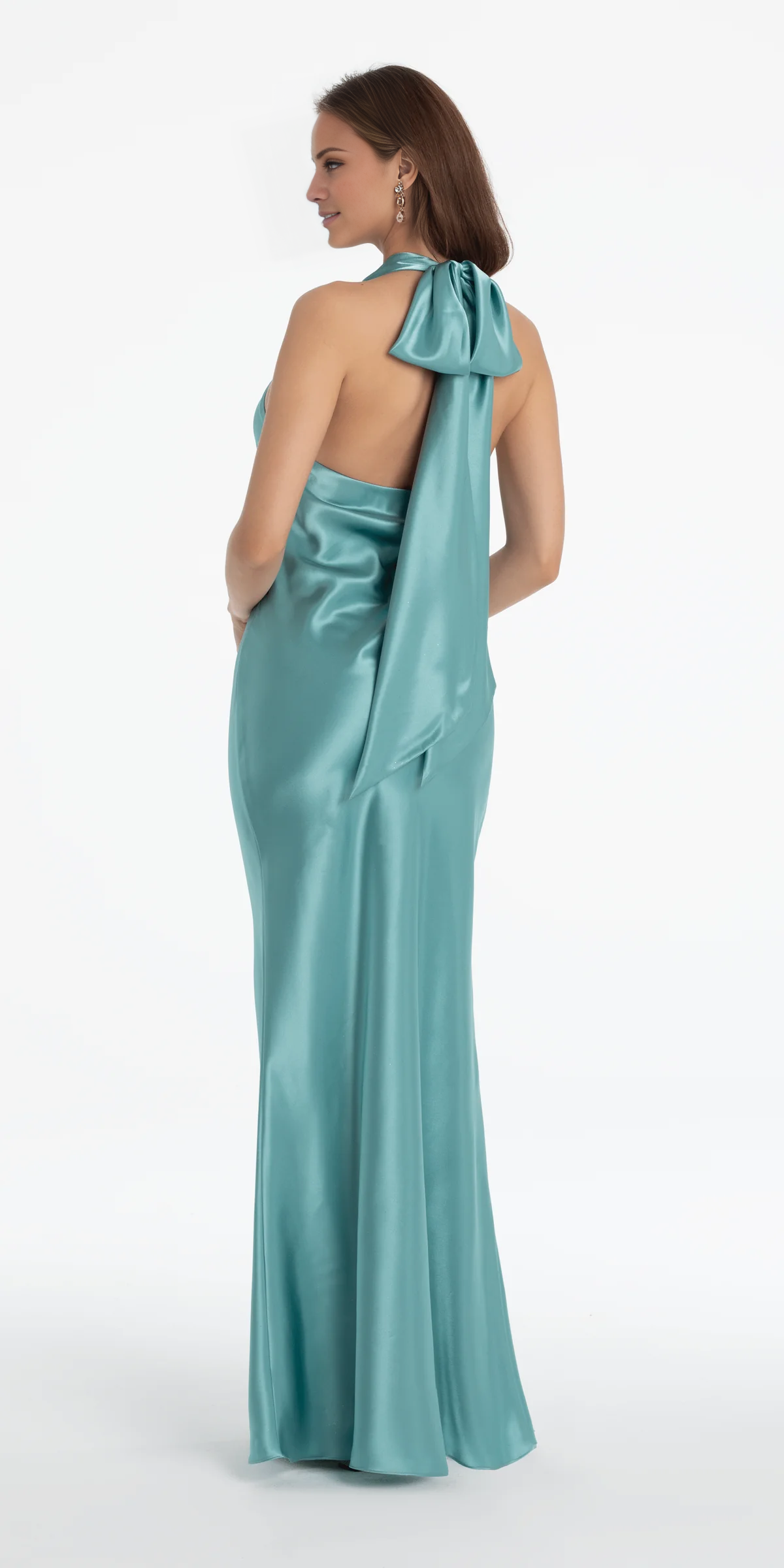 Jimiss halter neckline satin sleeveless off shoulder and floor length Prom dress