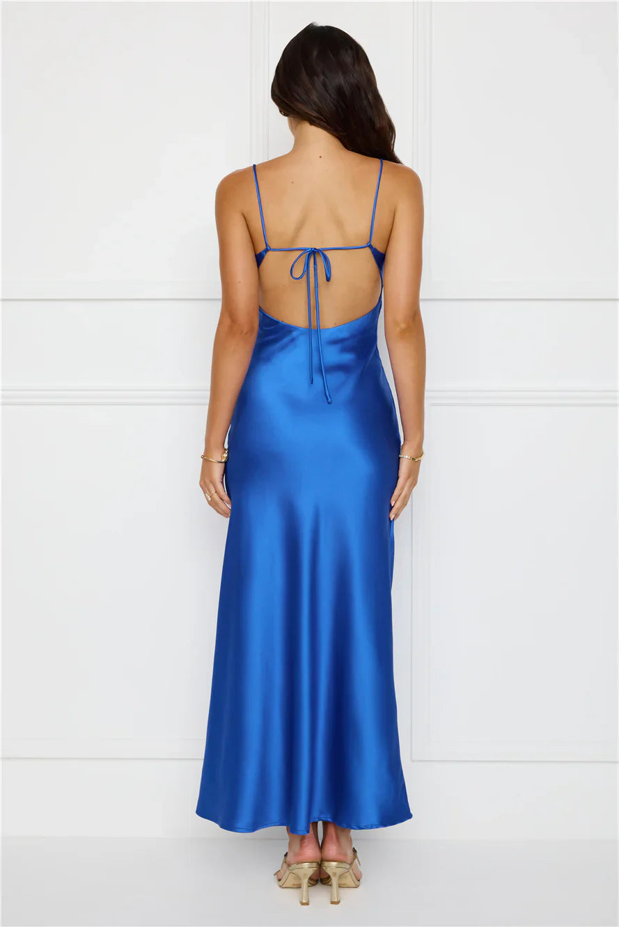 Jimiss V collar satin exposed back strap long Prom dress