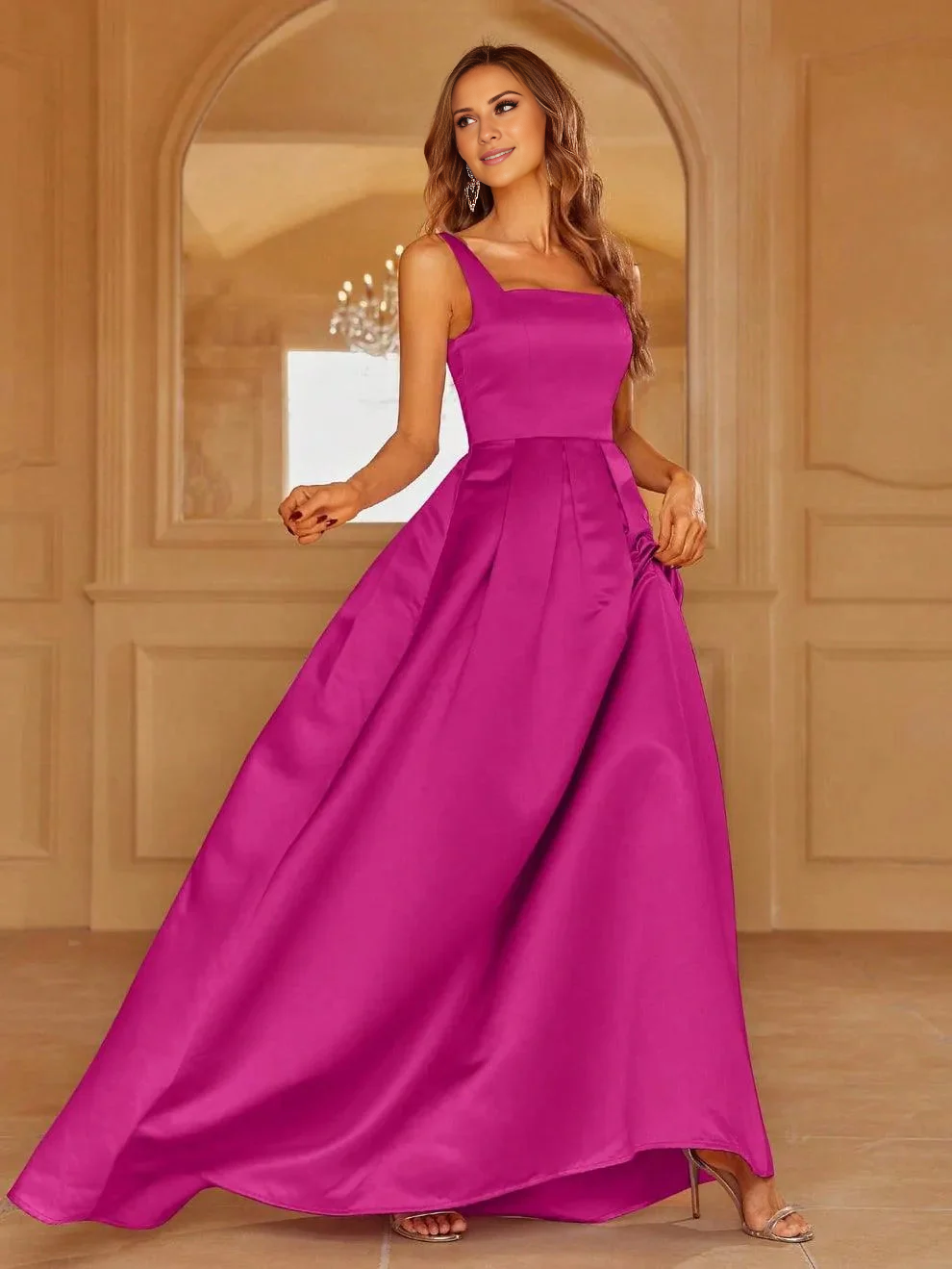 A-line square collar with back tie satin and floor length formal dress