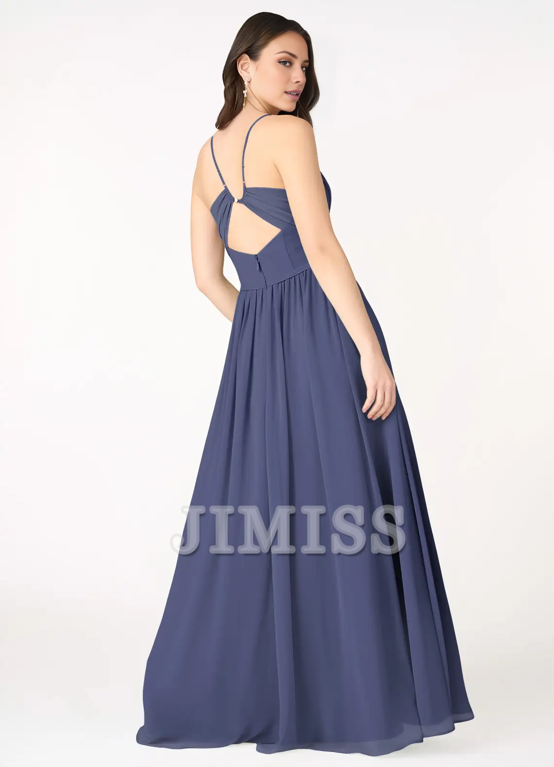 A-line V-neck slim shoulder strap backless and floor length evening dress