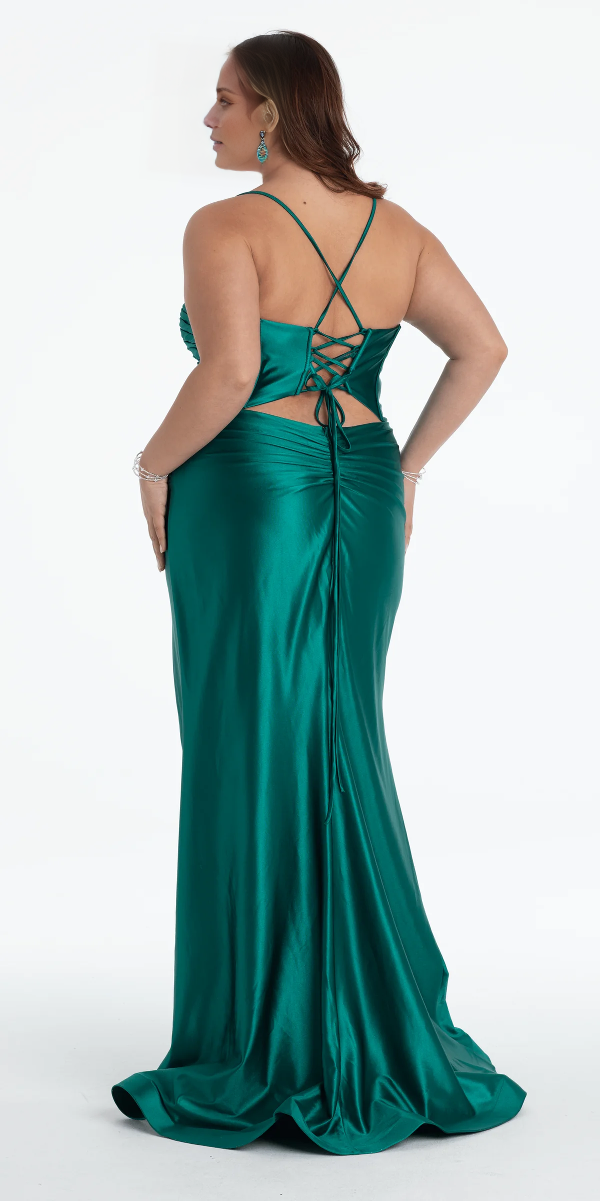 Jimiss off shoulder satin thin shoulder strap tight corset and floor length Prom dress