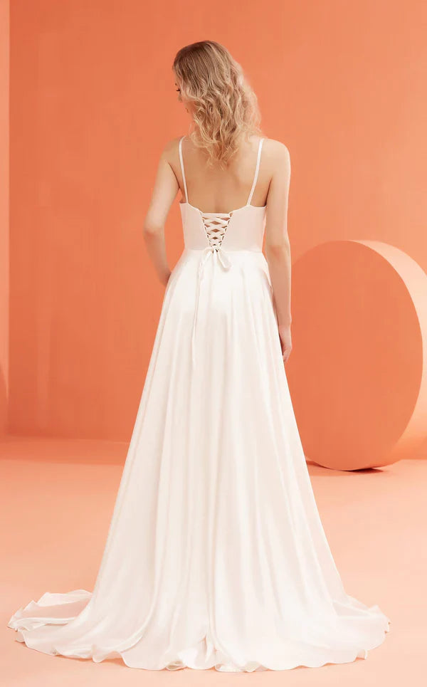 A-line V-neck slim shoulder strap sleeveless and floor length Prom dress