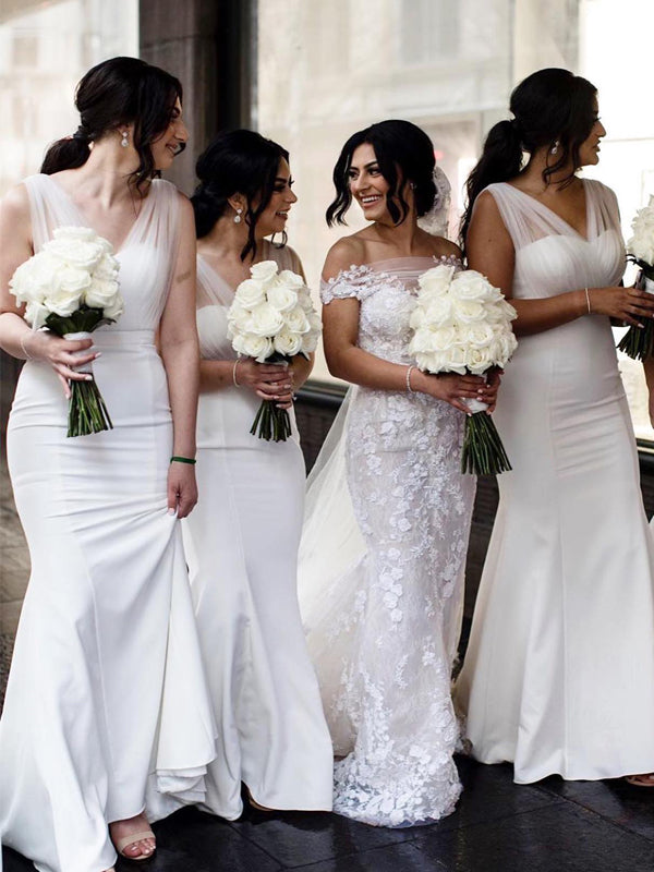 Simple Sweetheart V-neck Tulle Mermaid White Long Bridesmaid Dresses,DB094