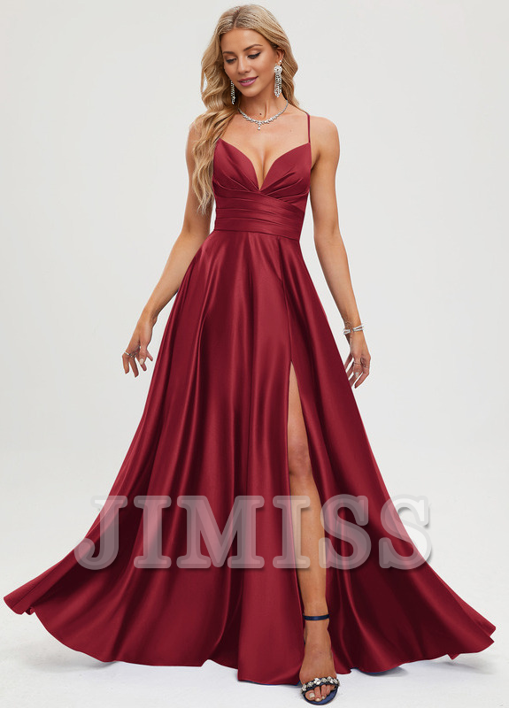A-line V-neck pleated floor-length satin prom dress
