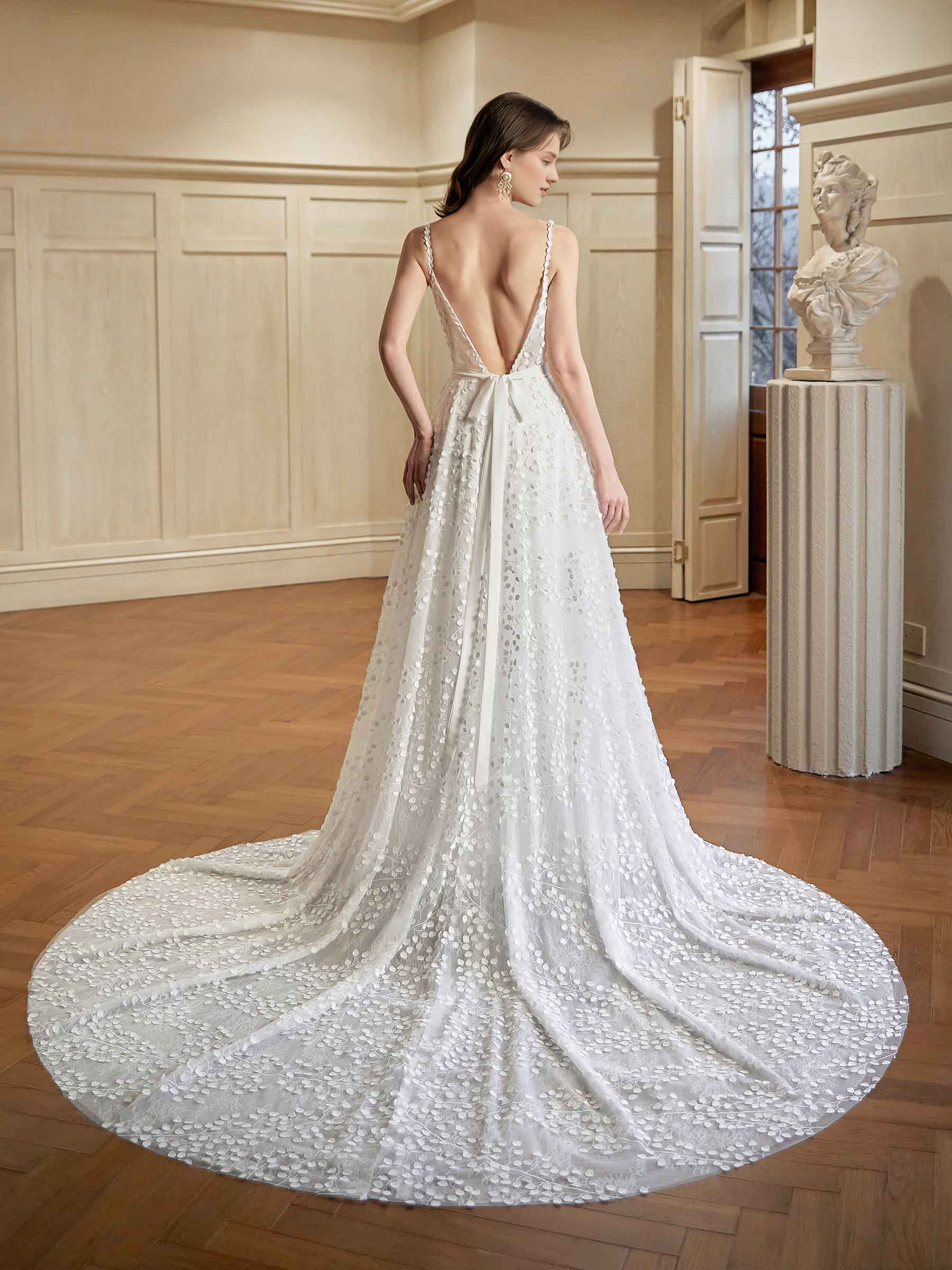 Grey white A-line thin shoulder strap V-neck extra long lace wedding dress