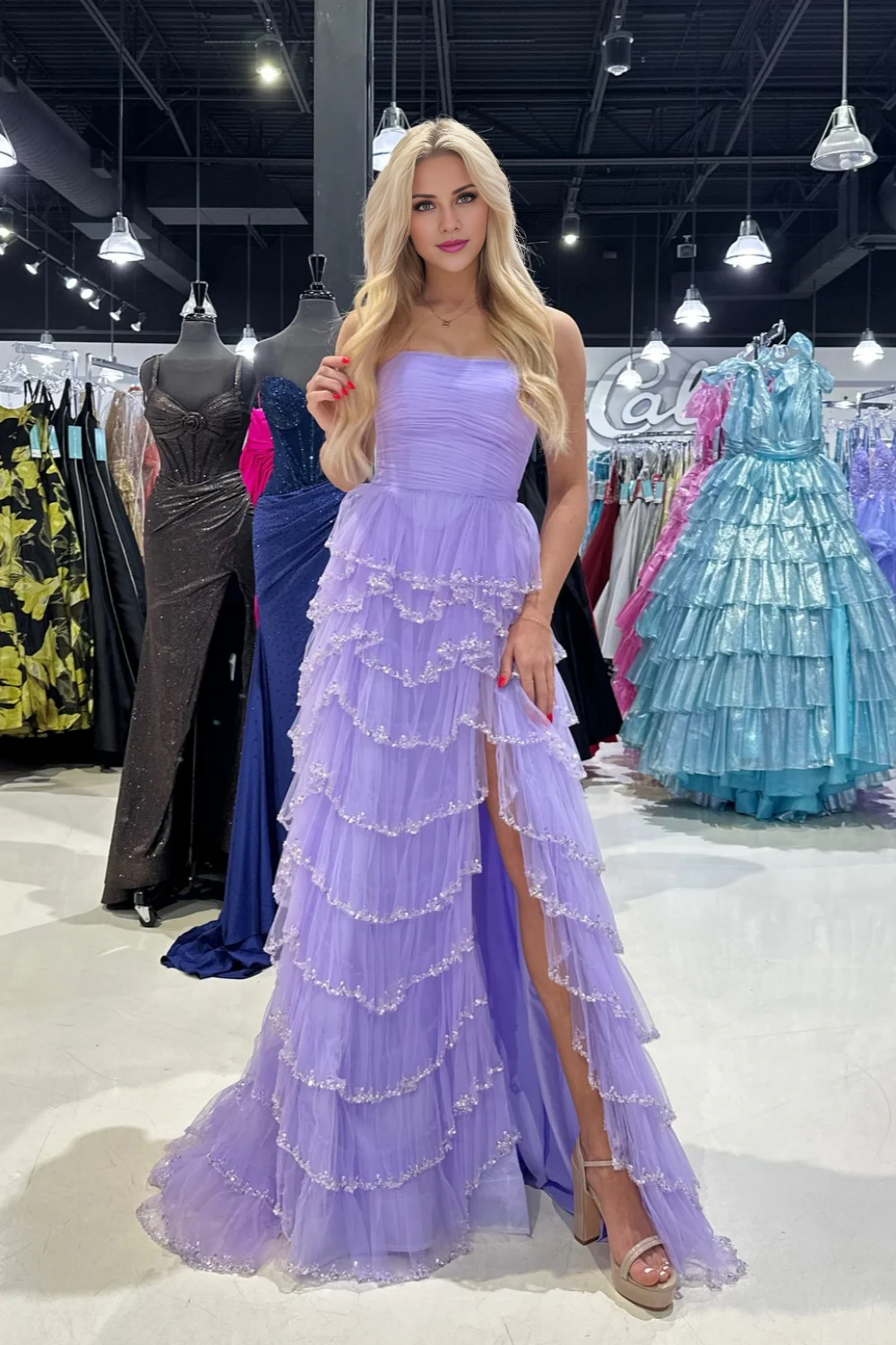 Jimiss off shoulder light blue sequined layered A-line long dress