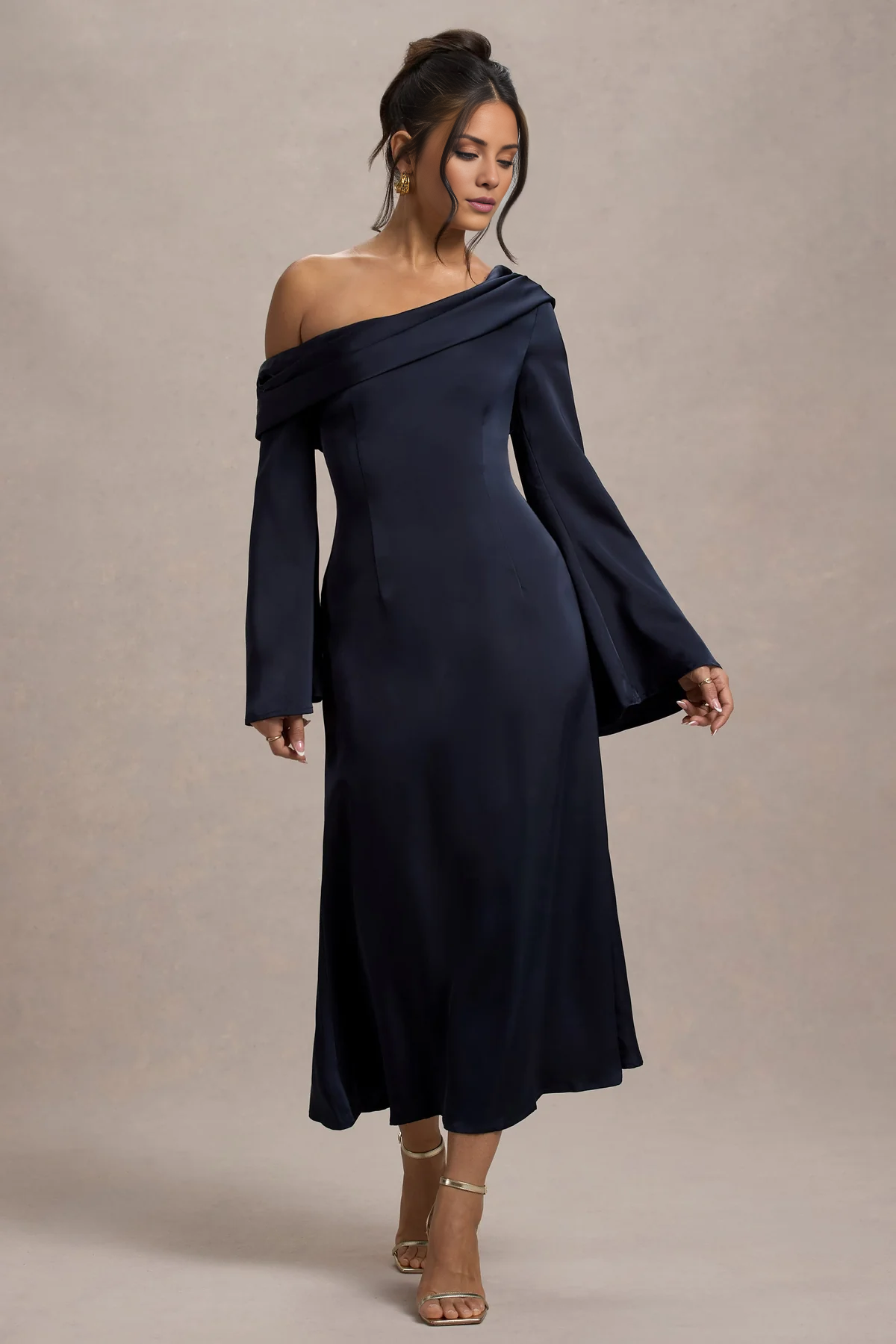 Satin asymmetrical flared sleeves and floor length evening dress - Jimiss dress