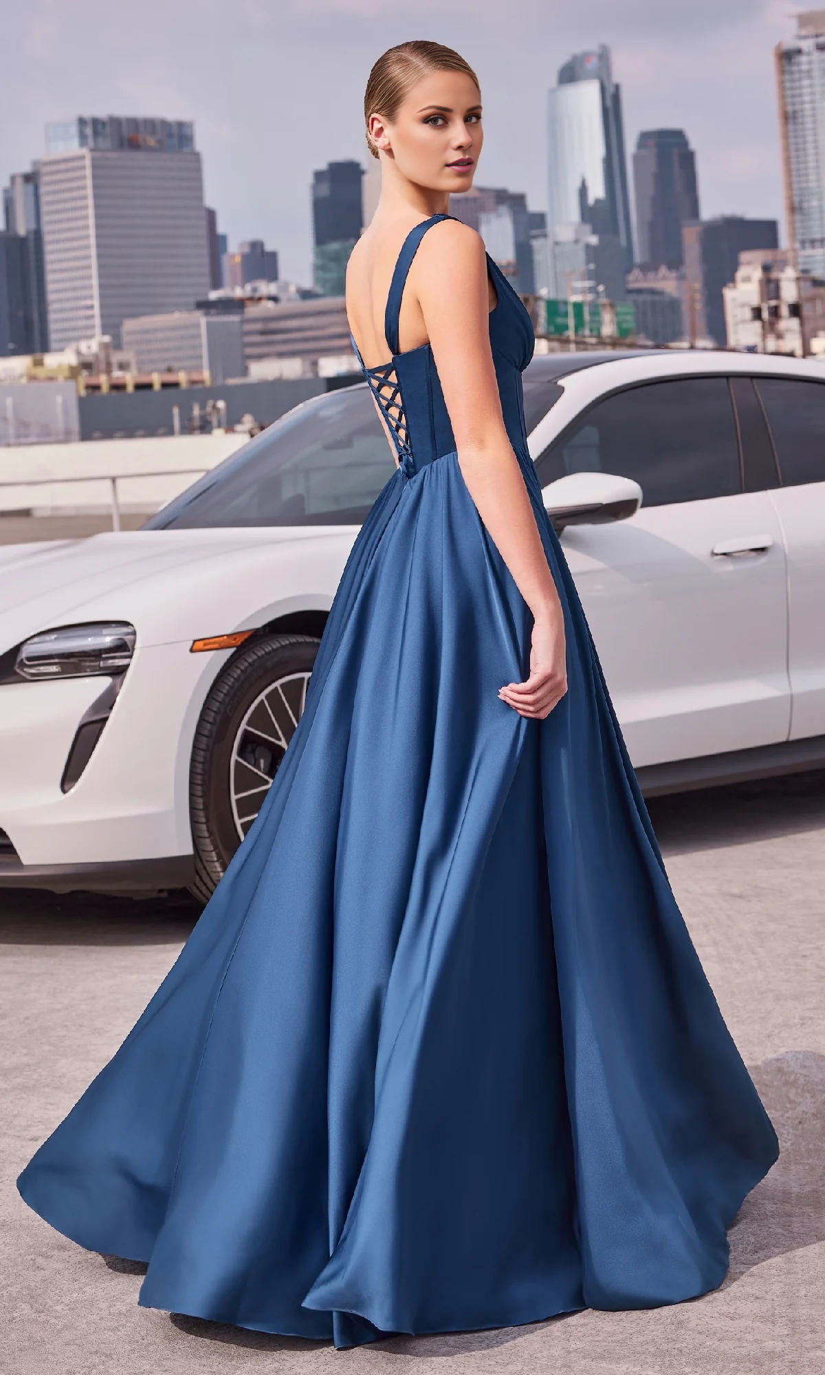 Jimiss A-LineV collar satin tight corset and floor length Prom dress